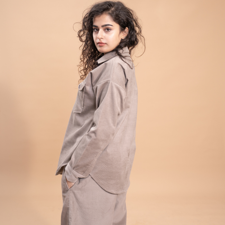 Women Corduroy Coord Set - Grey