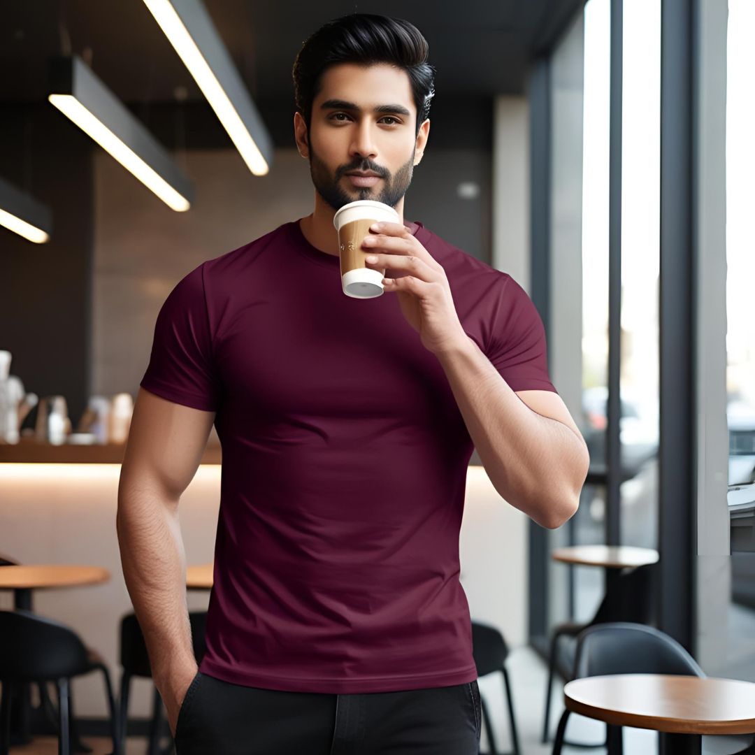 Men Round Neck Tee -  Maroon