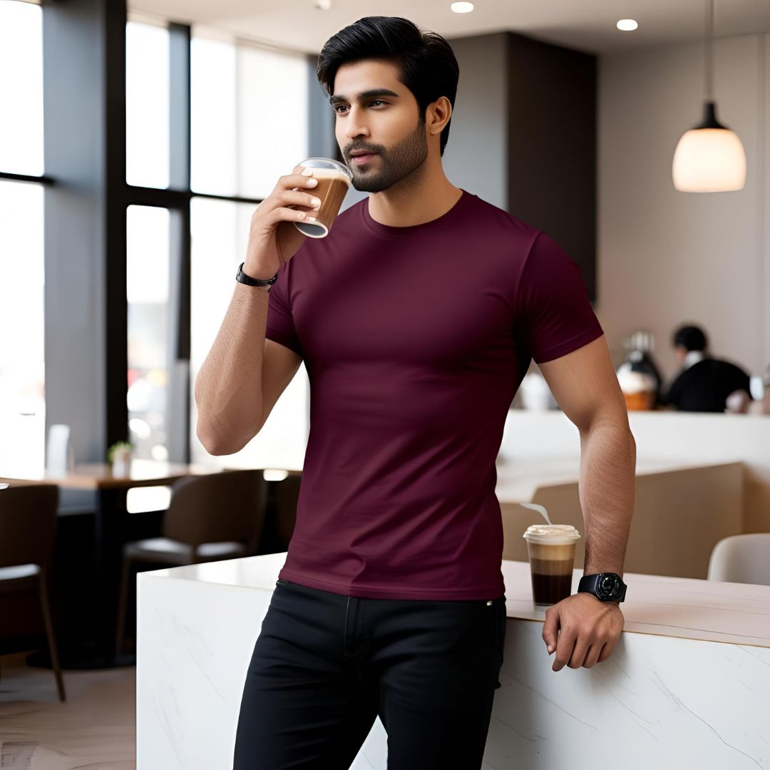 Men Round Neck Tee -  Maroon