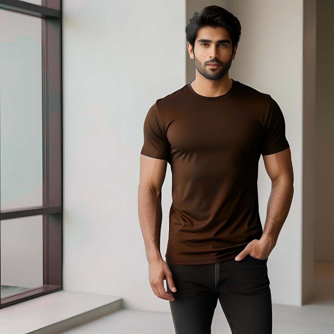 Men Round Neck Tee -  Chocolate Brown