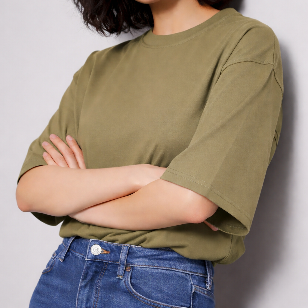 Cotton Edge Oversized Tee Shirt - Olive Green