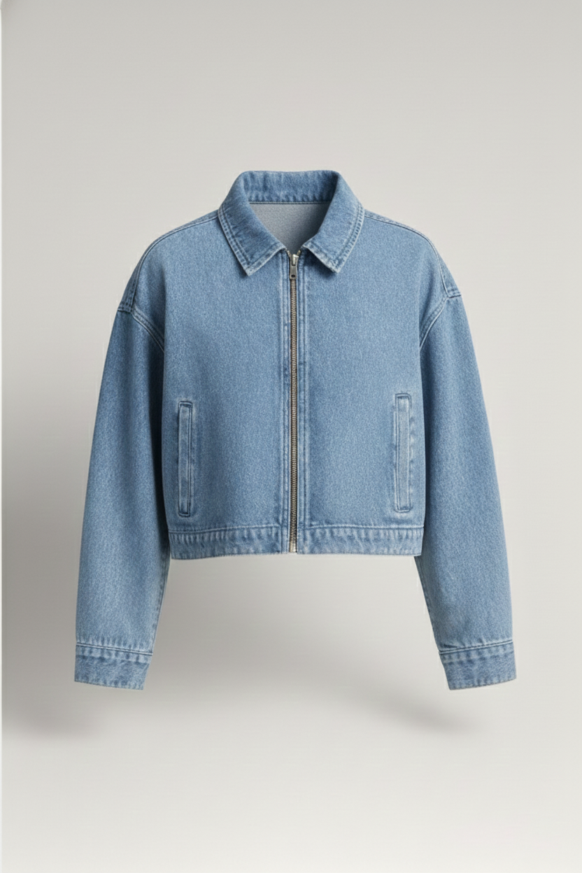 Women Cropped Denim Jacket - Blue