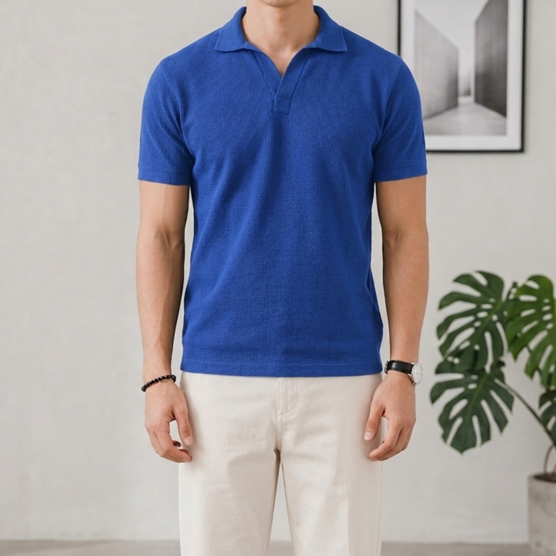 Mini Waffle Johnny Collar Polo | Royal Blue