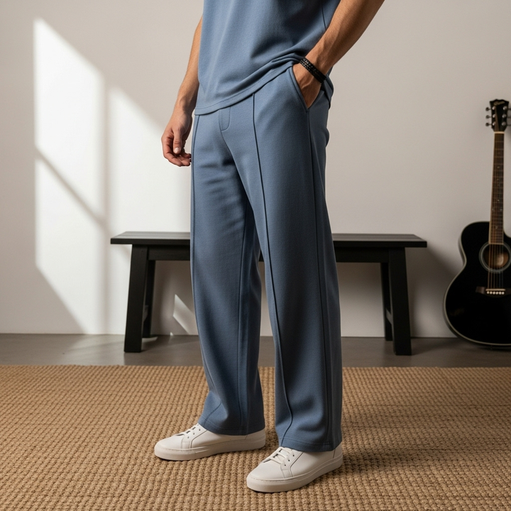Luxury Knit Pintuck Pants - Mid Blue