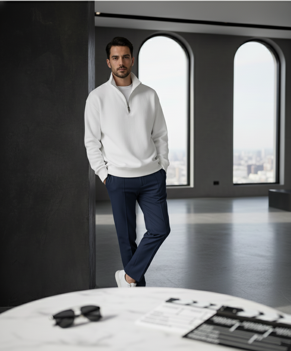 Qtr Zip Mock Neck - White