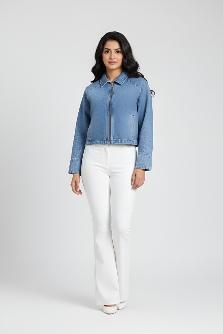 Women Cropped Denim Jacket - Blue