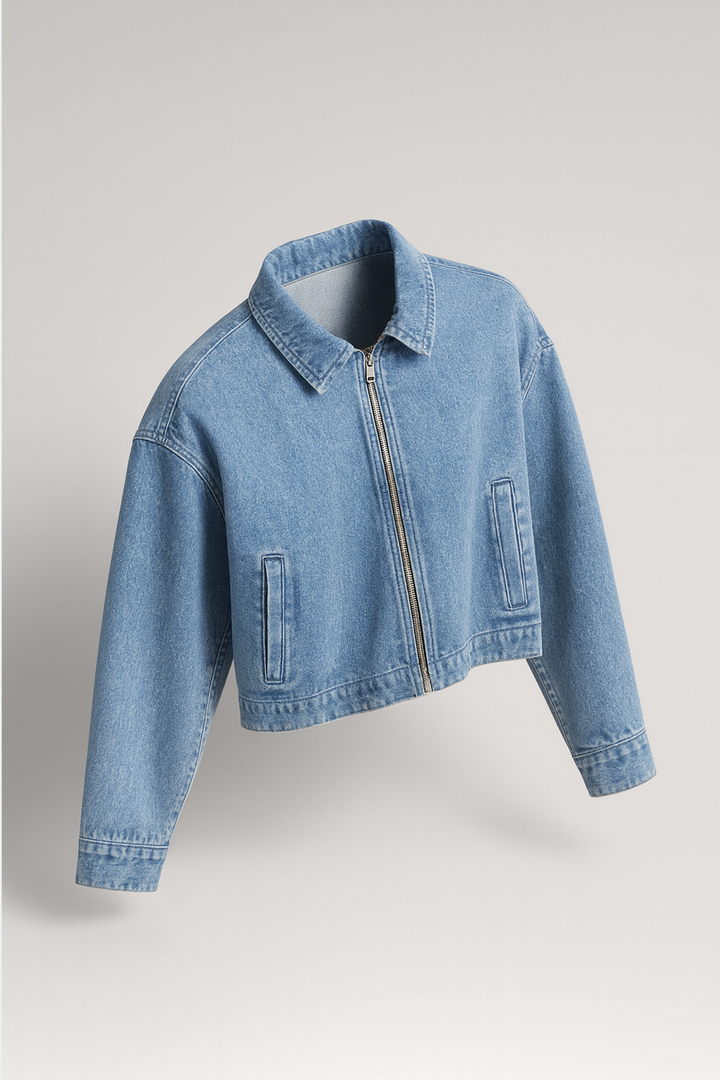 Women Cropped Denim Jacket - Blue