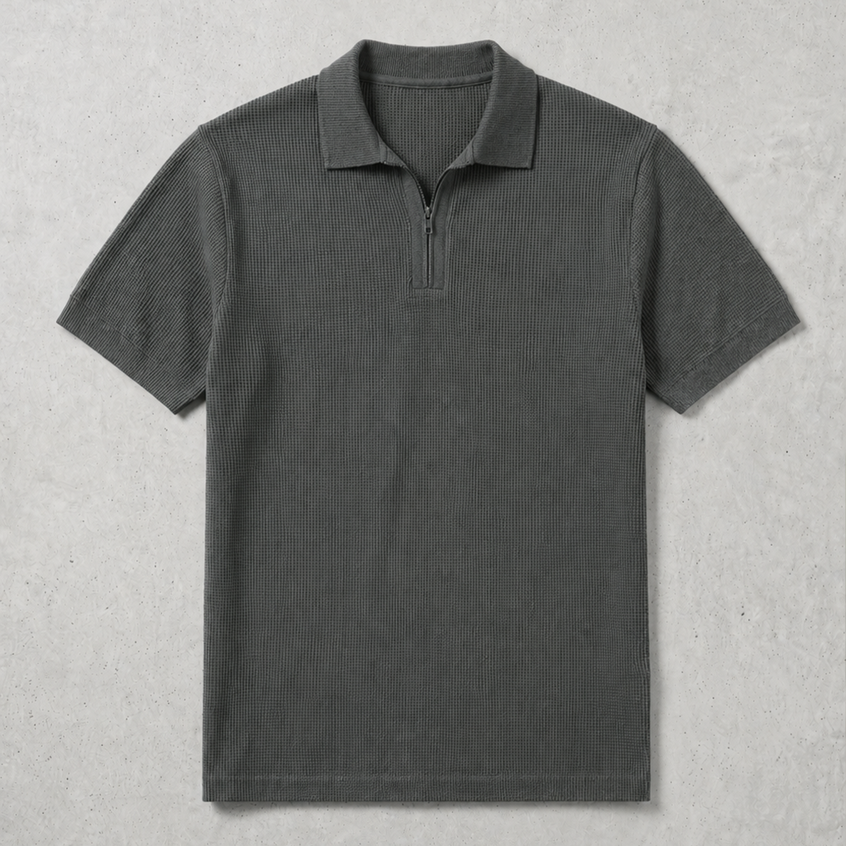 Mini Waffle Zipped Collar Polo | Charcoal