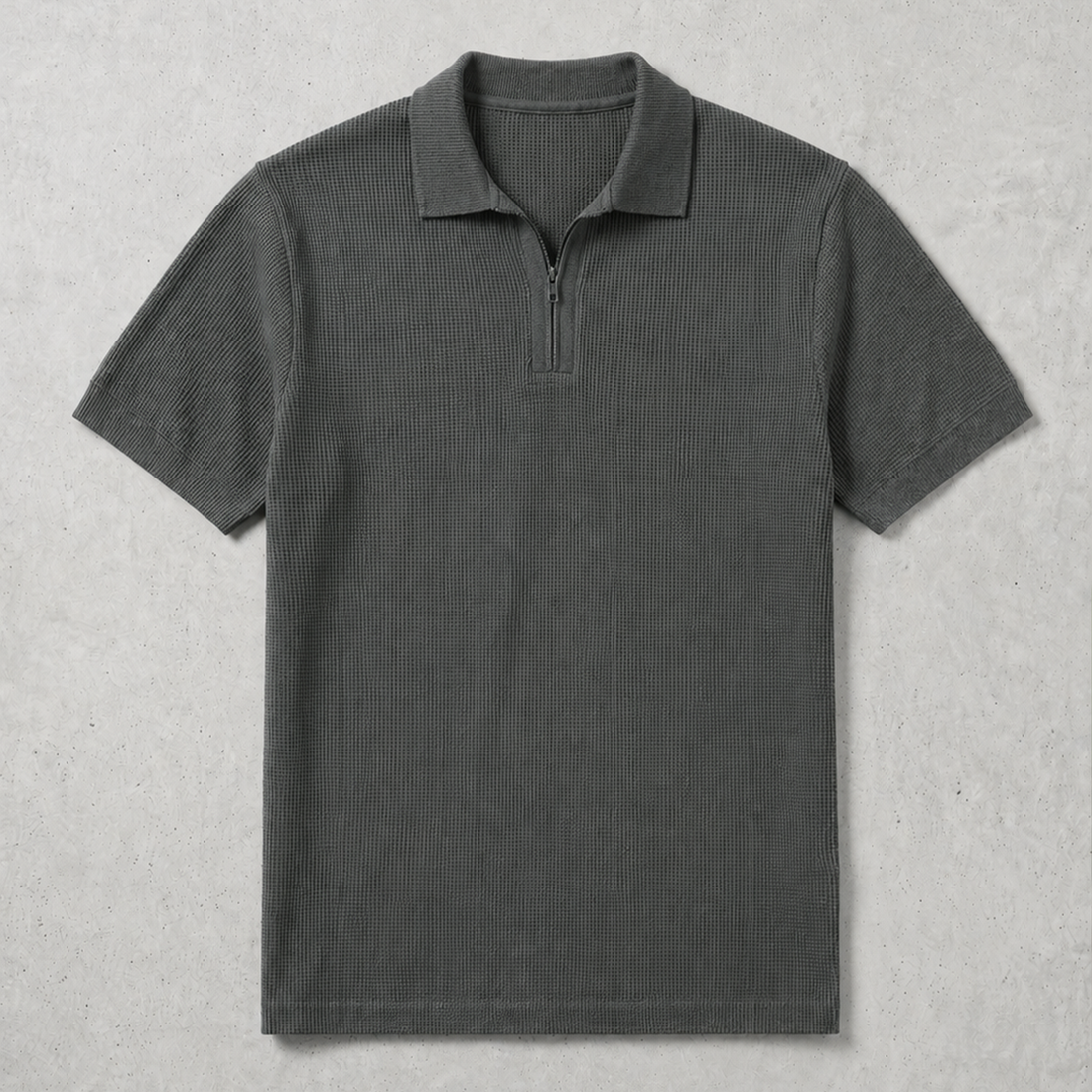 Mini Waffle Zipped Collar Polo | Charcoal