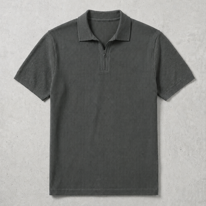 Mini Waffle Zipped Collar Polo | Charcoal
