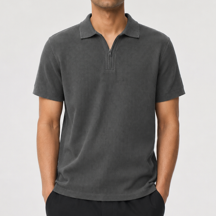 Mini Waffle Zipped Collar Polo | Charcoal