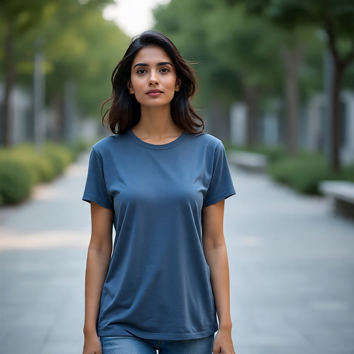 Women Round Neck Tee - Mid Blue