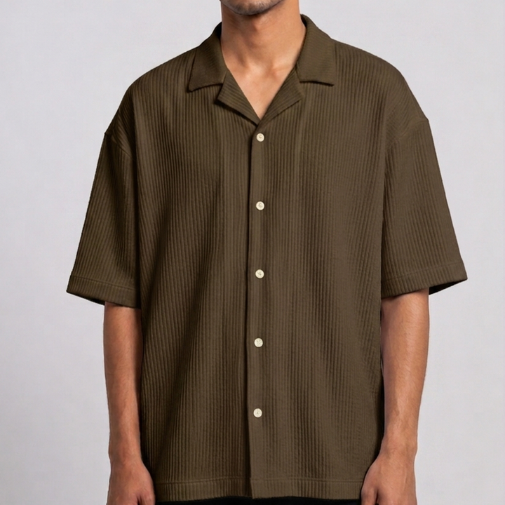 Waffle Cuban Collar Shirt - Tobacco Brown