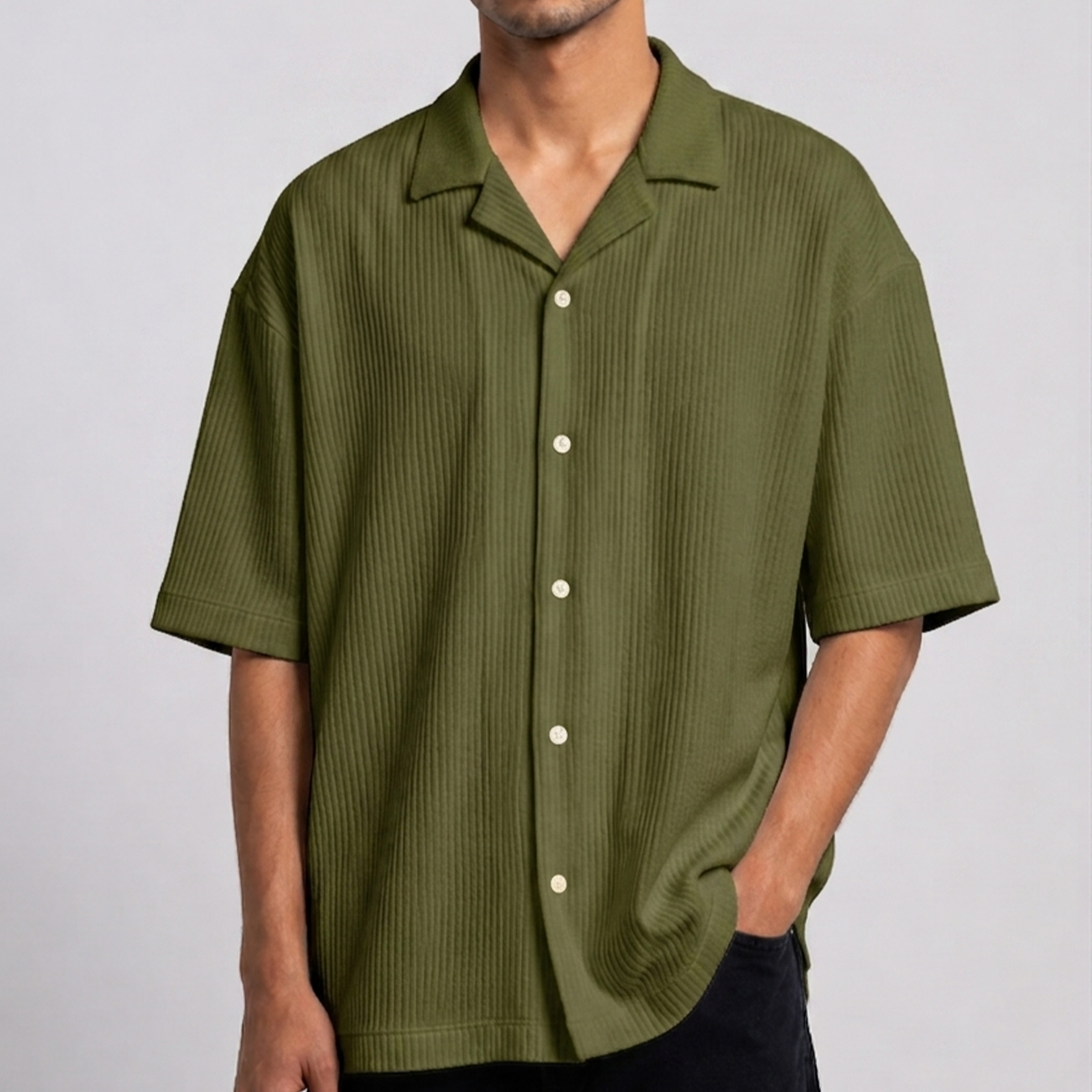 Waffle Cuban Collar Shirt - Army Green