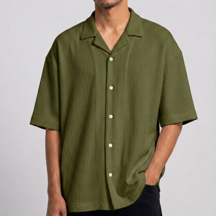 Waffle Cuban Collar Shirt - Army Green