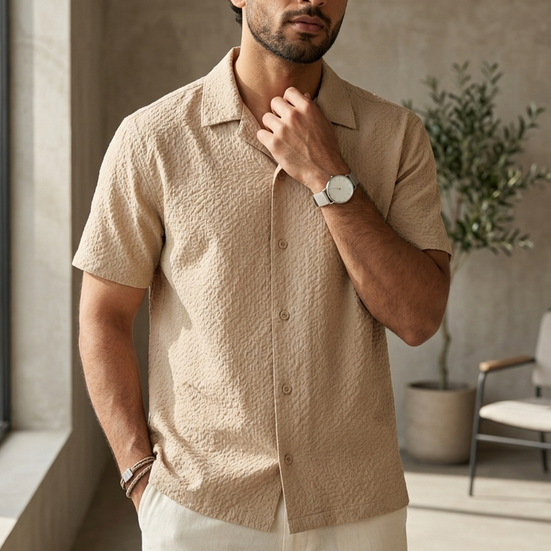 Jacquard Cuban Collar Shirt - Beige