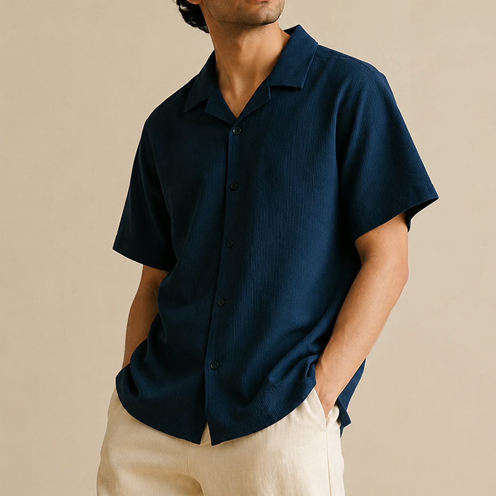 Jacquard Cuban Collar Shirt - Navy Blue