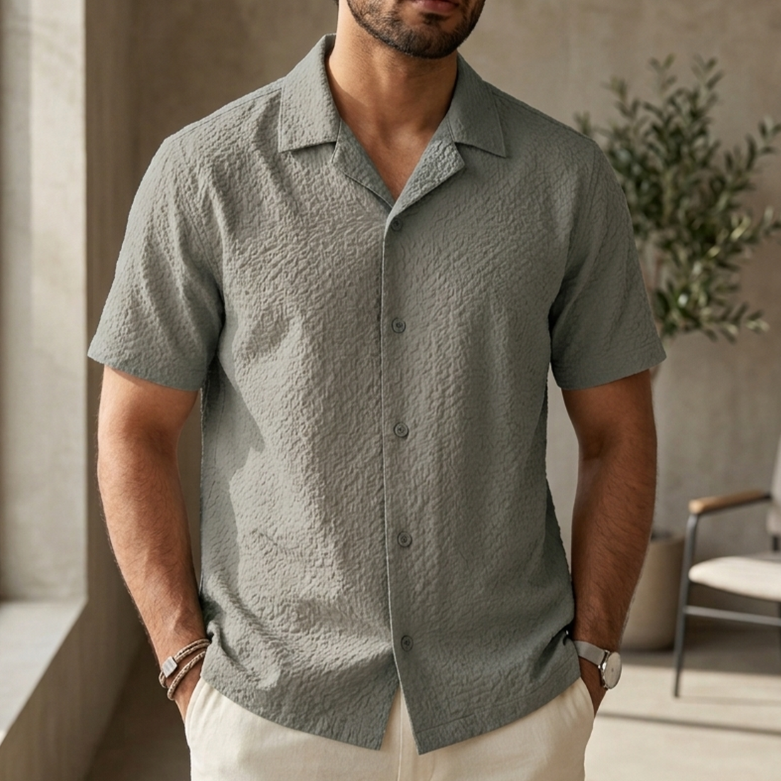 Jacquard Cuban Collar Shirt - Grey
