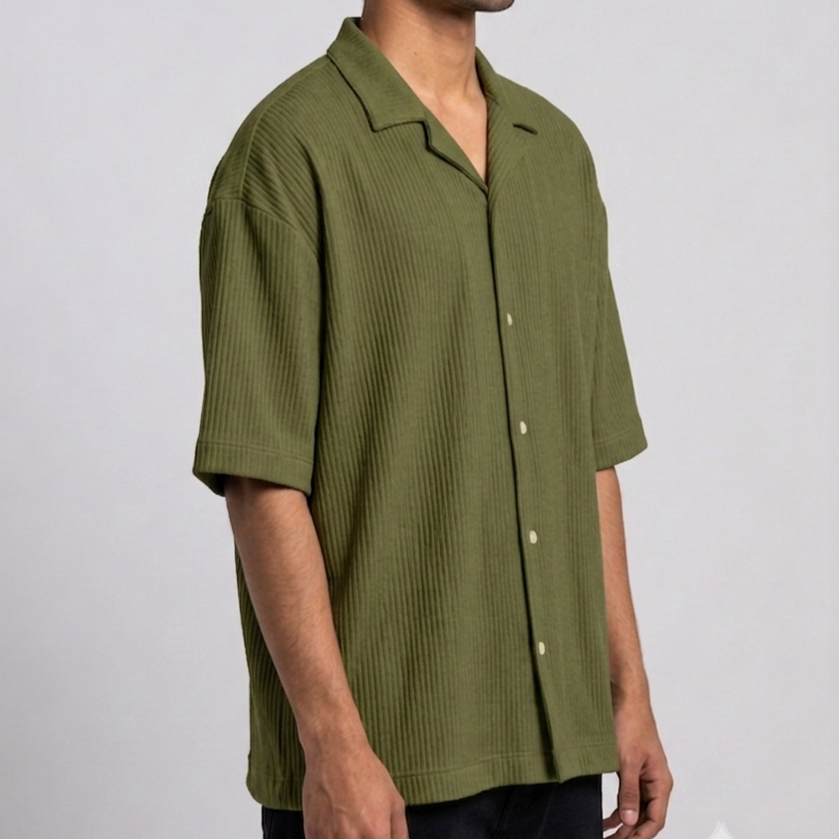 Waffle Cuban Collar Shirt - Army Green