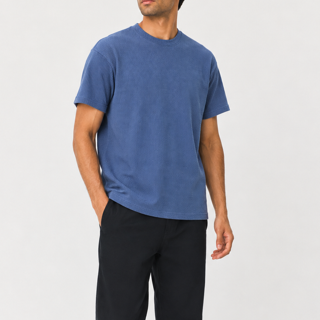 Waffle Knit Oversized Tee Shirt - Mid Blue
